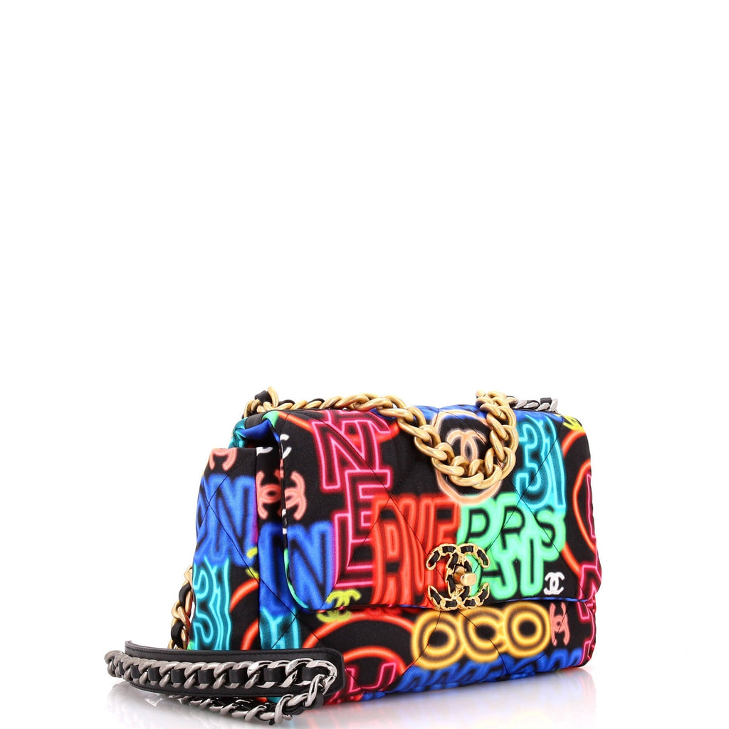 Chanel 19 Flap Bag Quilted Graffiti Print Fabric Medium