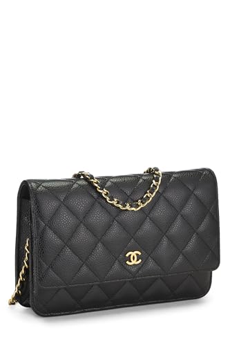 Chanel,  Black Caviar Classic Quilted Wallet On Chain (WOC), Black