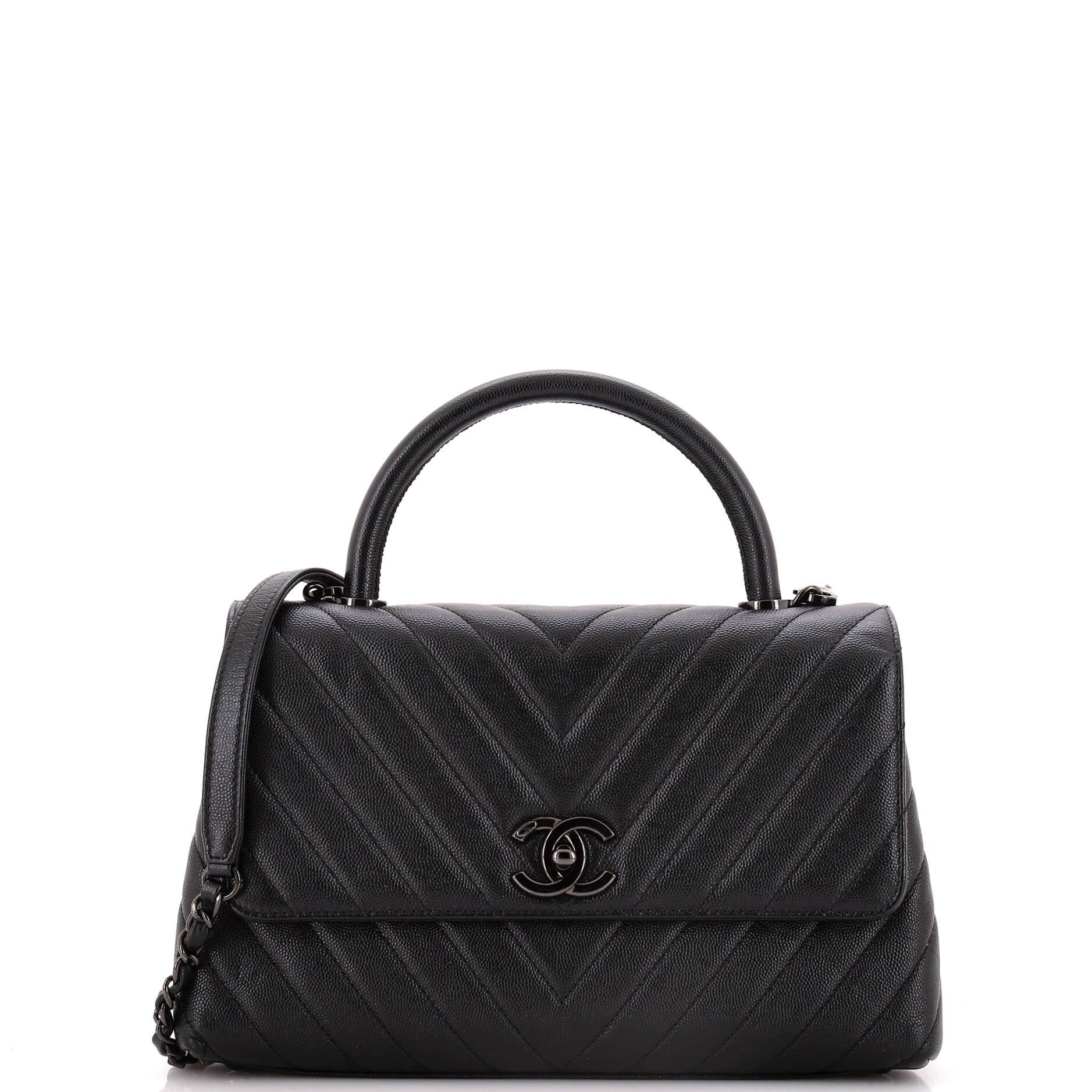 Chanel So Black Coco Top Handle Bag Chevron Caviar Small