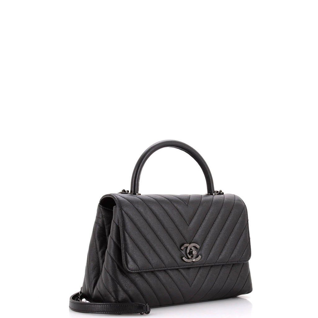 Chanel So Black Coco Top Handle Bag Chevron Caviar Small