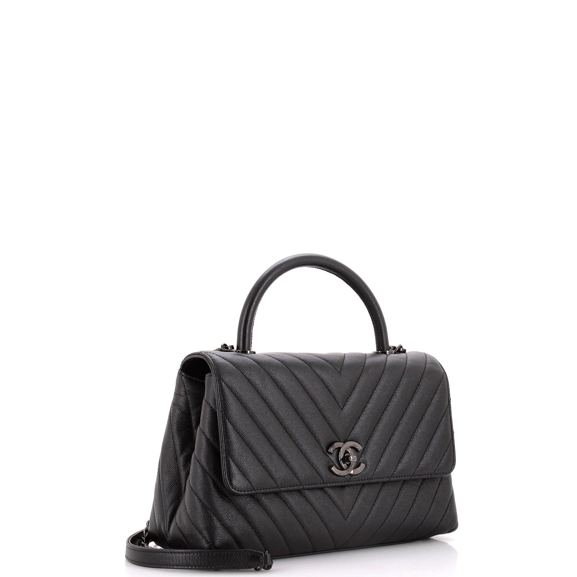 Chanel So Black Coco Top Handle Bag Chevron Caviar Small