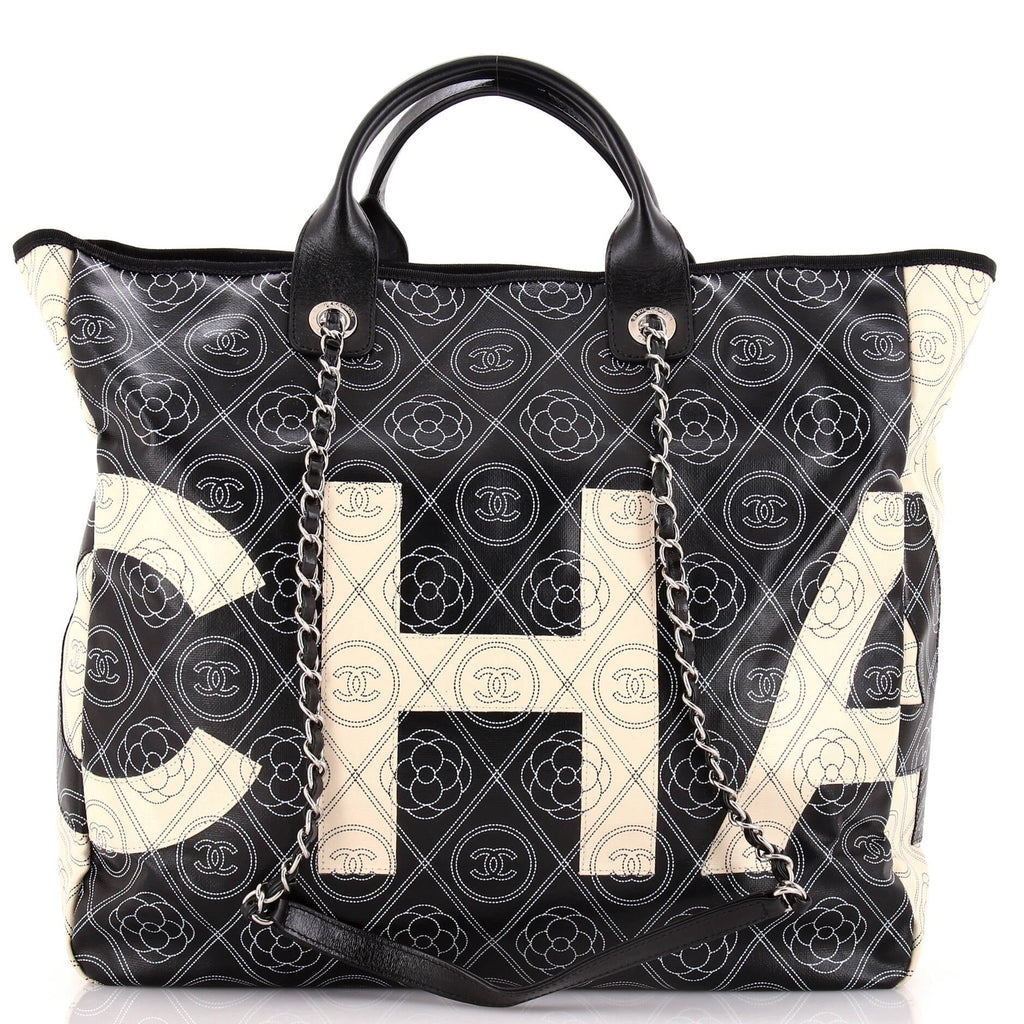 Chanel Logo Camellia Shopping Tote Printed Coated Canvas Medium