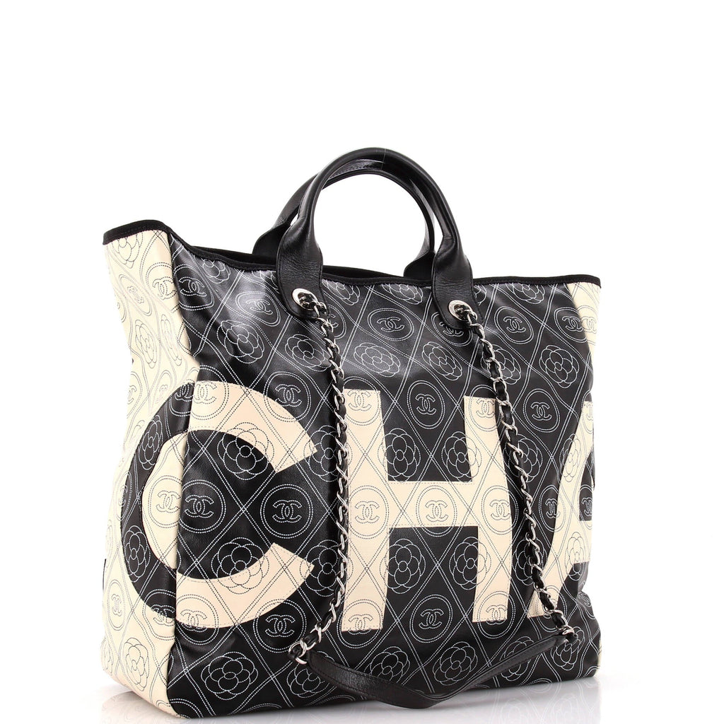 Chanel Logo Camellia Shopping Tote Printed Coated Canvas Medium