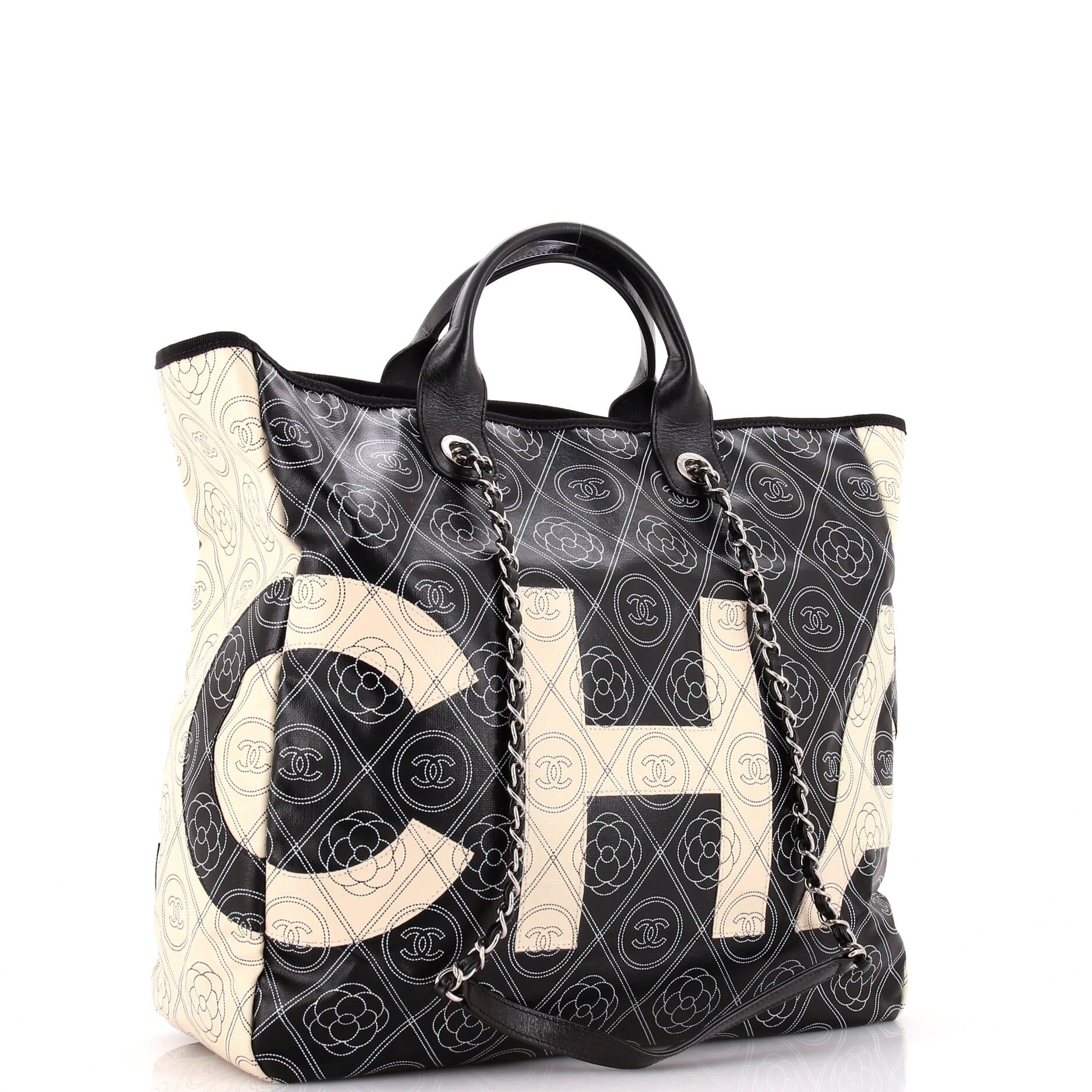 Chanel Logo Camellia Shopping Tote Printed Coated Canvas Medium