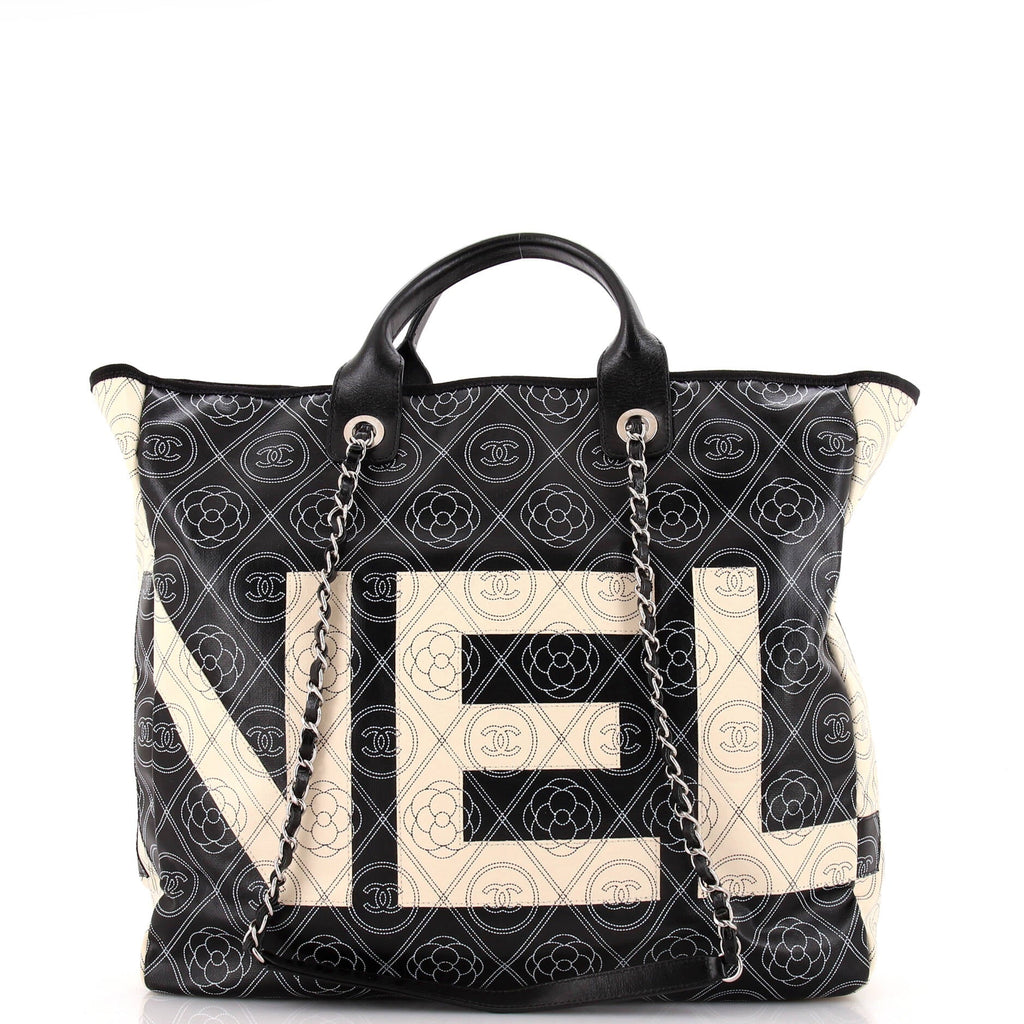 Chanel Logo Camellia Shopping Tote Printed Coated Canvas Medium