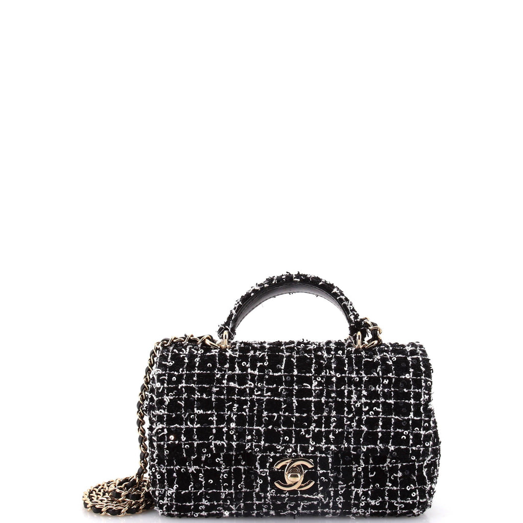 Chanel Classic Single Flap Top Handle Bag Quilted Tweed with Sequins Mini