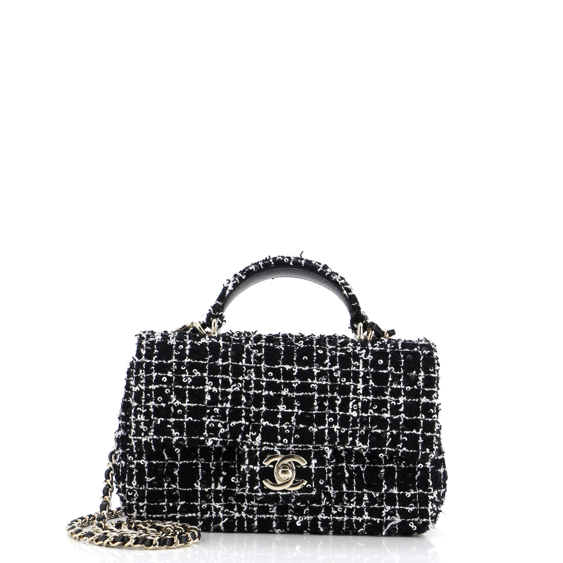 Chanel Classic Single Flap Top Handle Bag Quilted Tweed with Sequins Mini