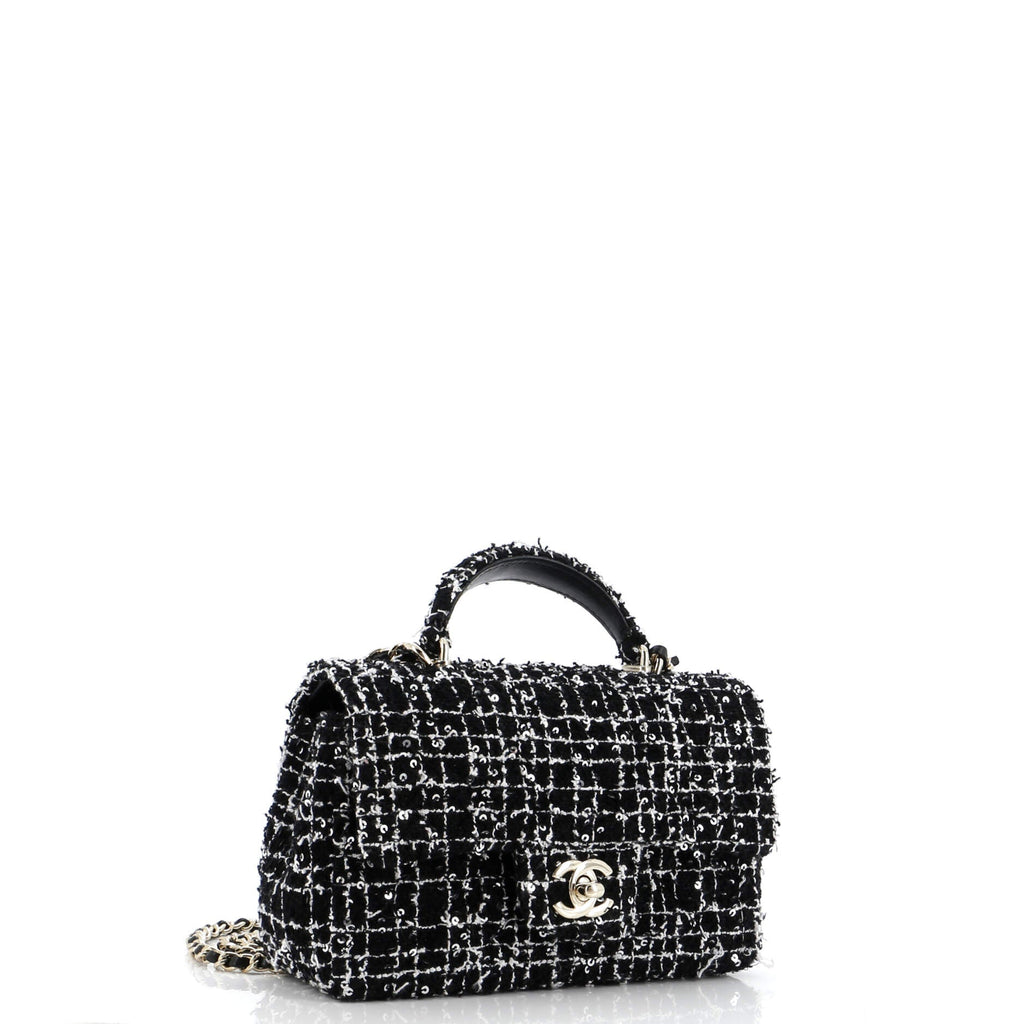Chanel Classic Single Flap Top Handle Bag Quilted Tweed with Sequins Mini