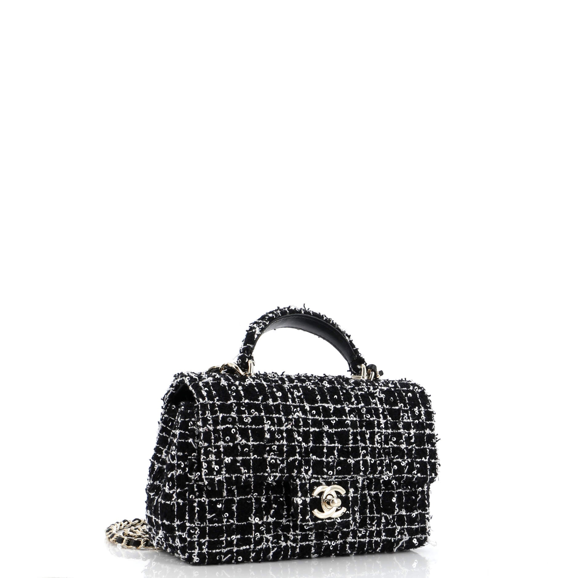 Chanel Classic Single Flap Top Handle Bag Quilted Tweed with Sequins Mini