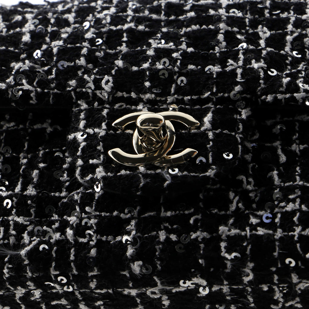 Chanel Classic Single Flap Top Handle Bag Quilted Tweed with Sequins Mini