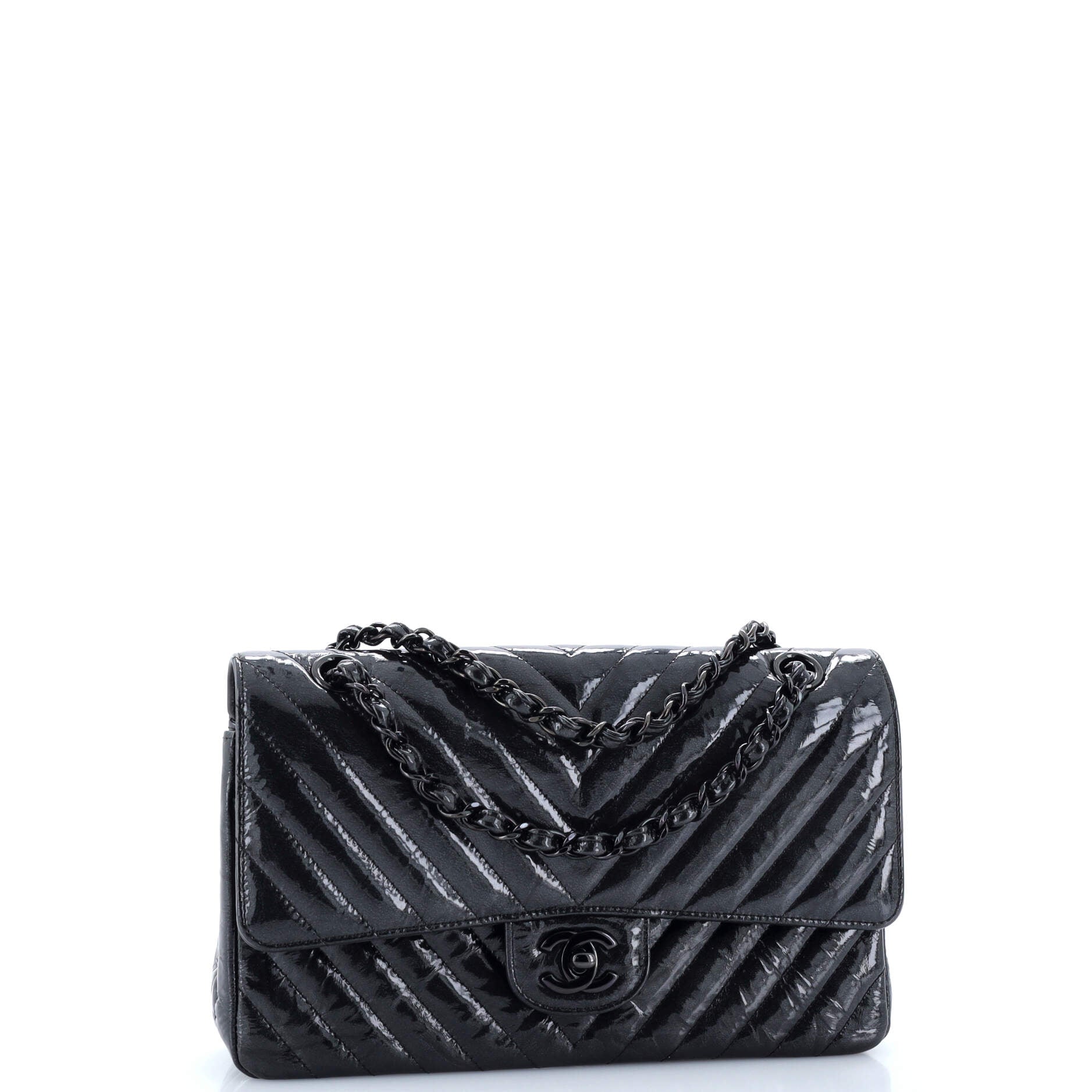 Chanel So Black Classic Double Flap Bag Chevron Crinkled  Medium
