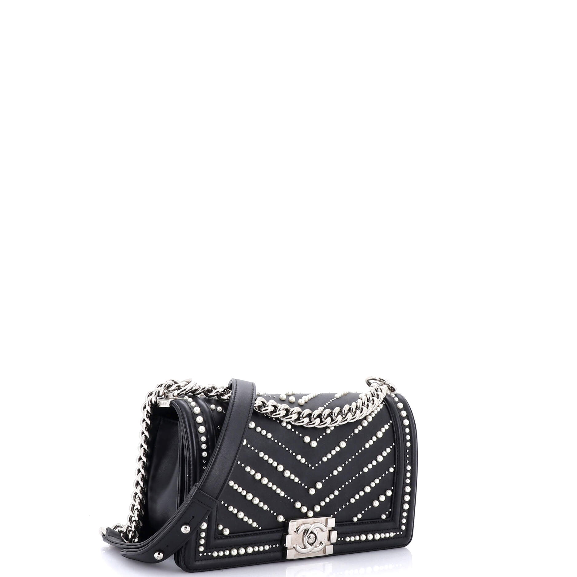 Chanel Boy Flap Bag Pearl Embellished Chevron Calfskin Old Medium