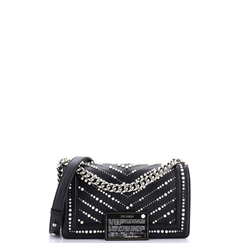 Chanel Boy Flap Bag Pearl Embellished Chevron Calfskin Old Medium