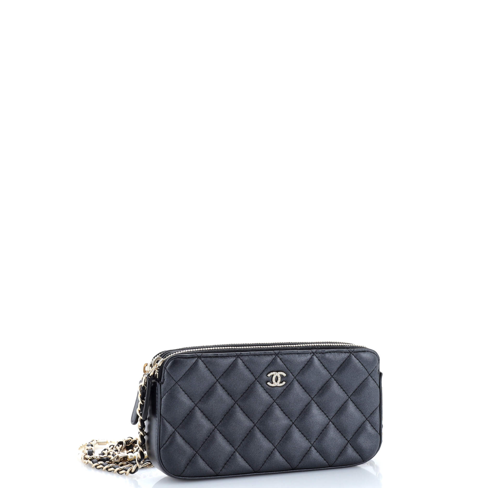 Chanel Double Zip Clutch with Pearl Chain Quilted Lambskin