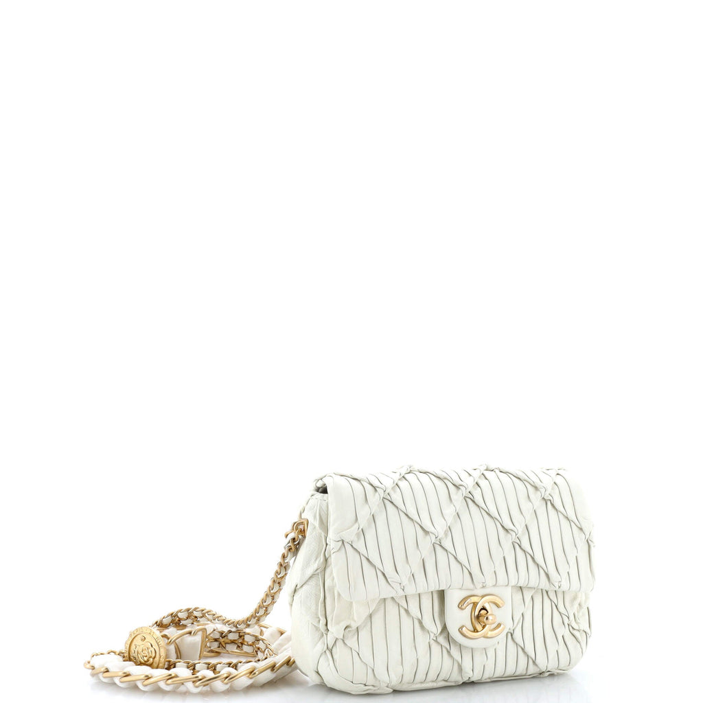 Chanel Woven Strap Medallion Chain Flap Bag Quilted Pleated Calfskin Small