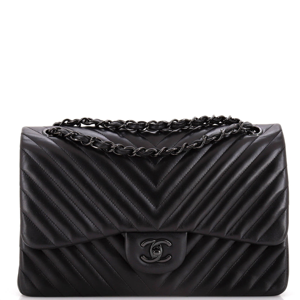 Chanel So Black Classic Double Flap Bag Chevron Lambskin Jumbo
