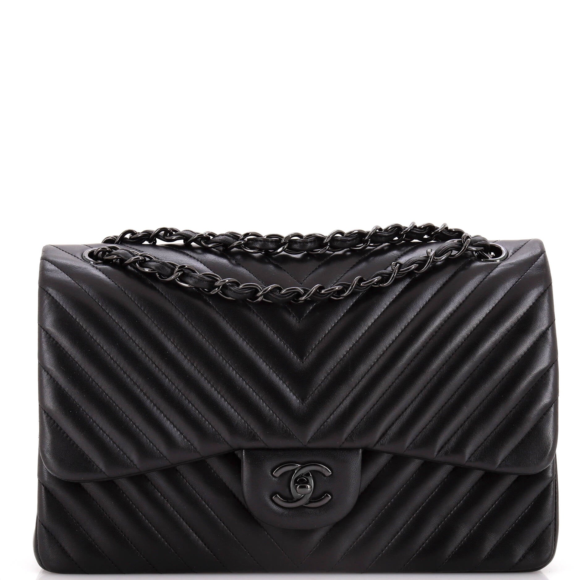 Chanel So Black Classic Double Flap Bag Chevron Lambskin Jumbo