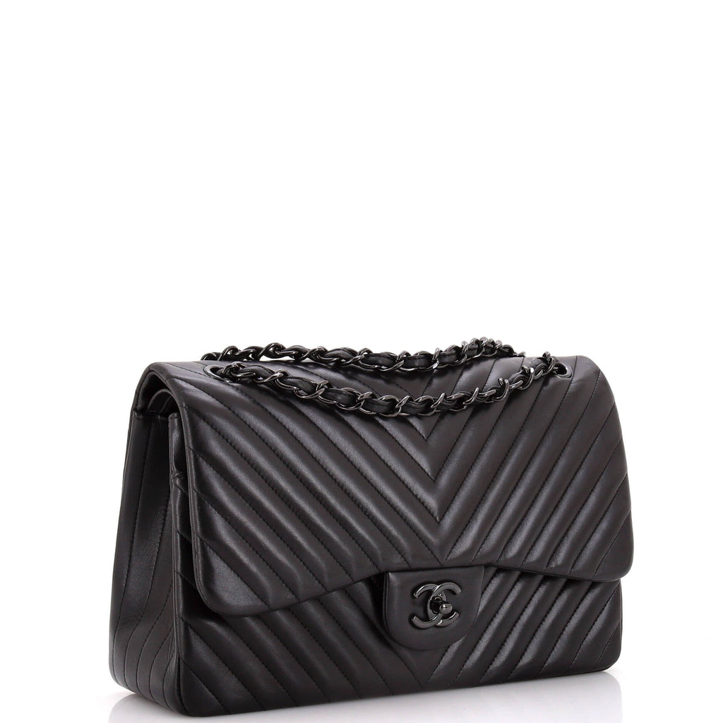 Chanel So Black Classic Double Flap Bag Chevron Lambskin Jumbo