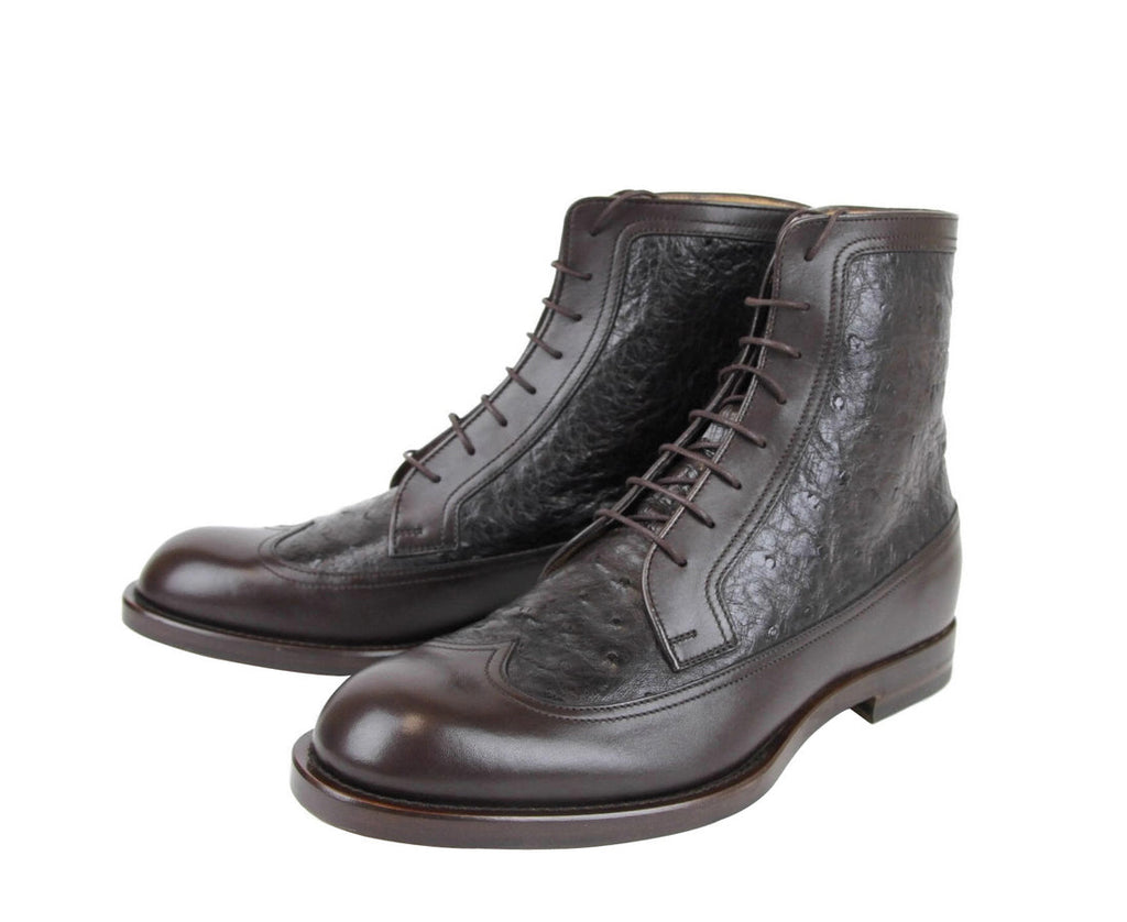 Gucci Men's Leather Ostrich Lace up Ankle Boots