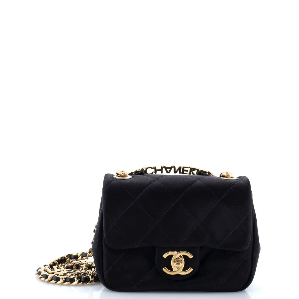 Chanel Oval Logo Chain Handle Flap Bag Quilted Satin with Crystals Mini
