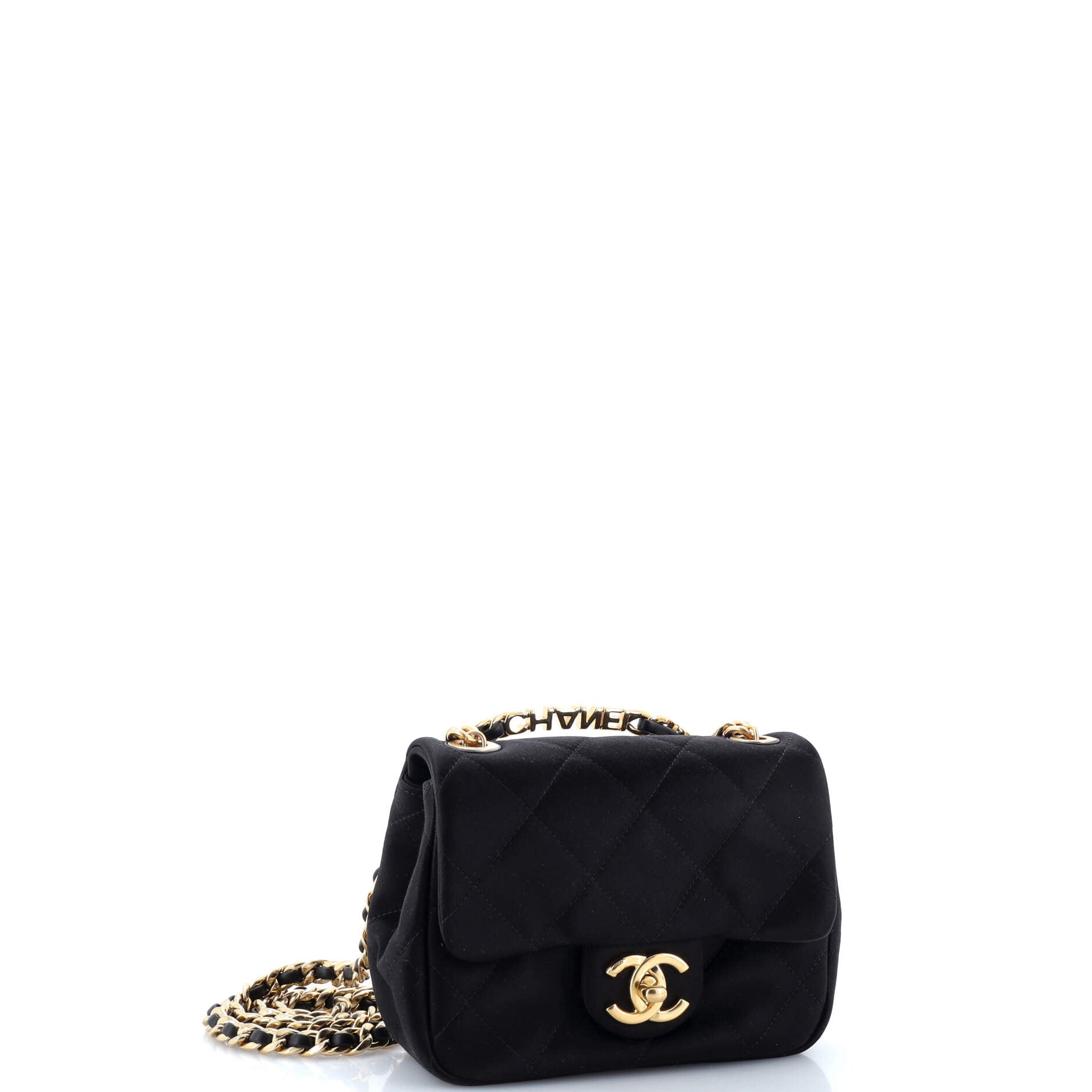 Chanel Oval Logo Chain Handle Flap Bag Quilted Satin with Crystals Mini