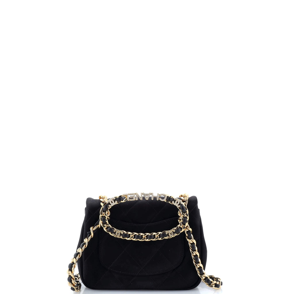 Chanel Oval Logo Chain Handle Flap Bag Quilted Satin with Crystals Mini