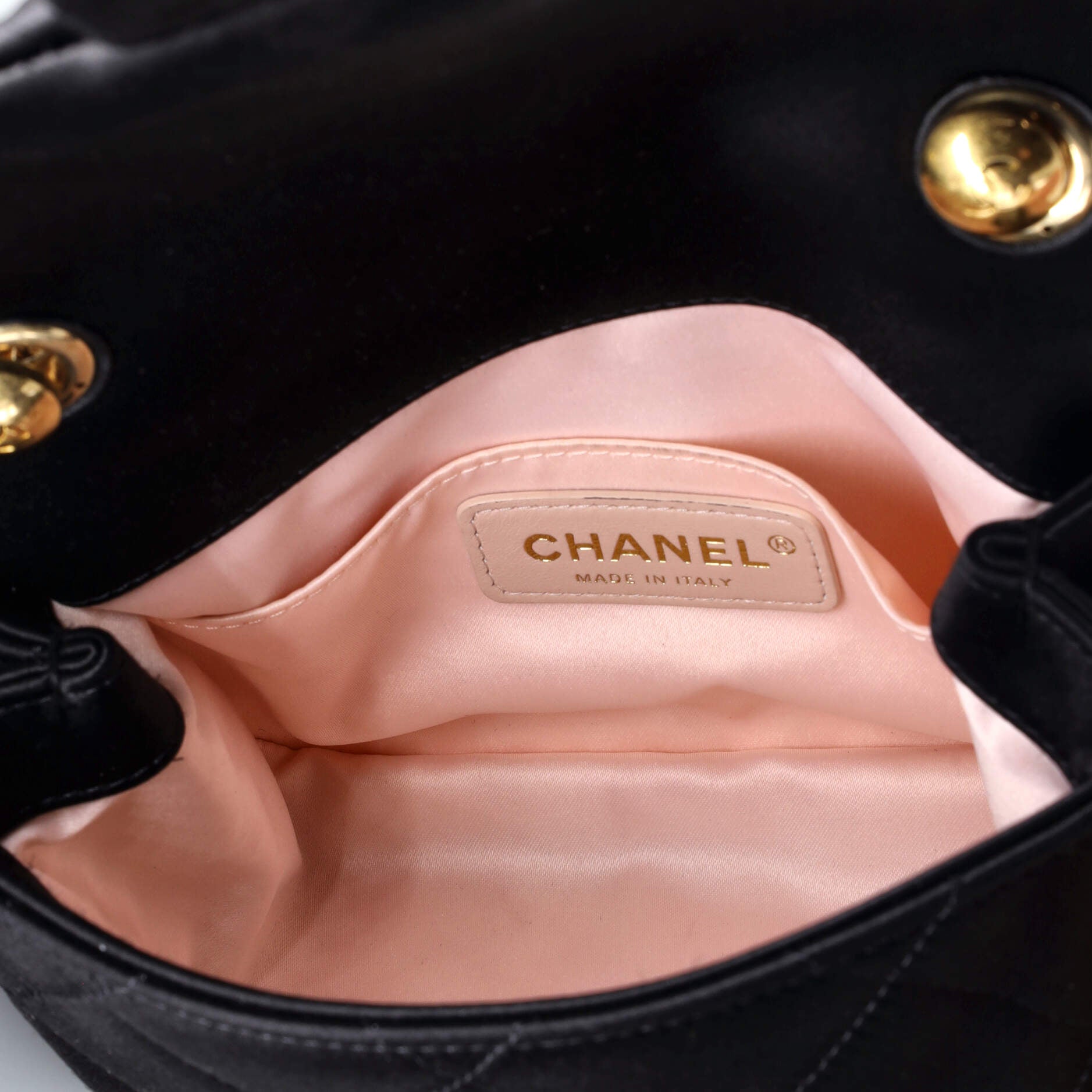 Chanel Oval Logo Chain Handle Flap Bag Quilted Satin with Crystals Mini