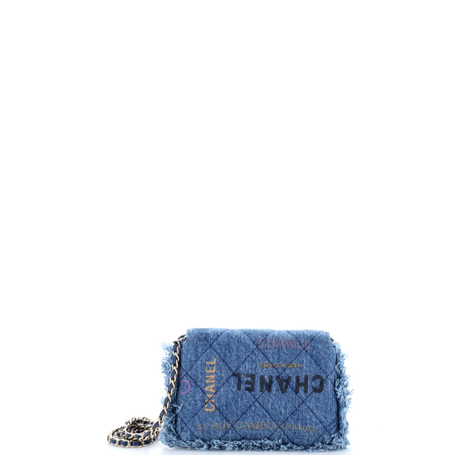 Chanel Denim Mood Flap Clutch with Chain Logo Printed Quilted Fringe Denim