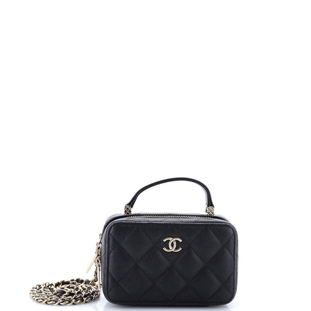 Chanel CC Zip Around Top Handle Vanity Case with Chain Quilted Caviar Mini
