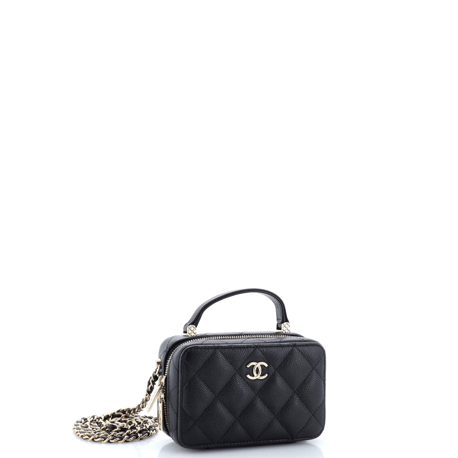 Chanel CC Zip Around Top Handle Vanity Case with Chain Quilted Caviar Mini
