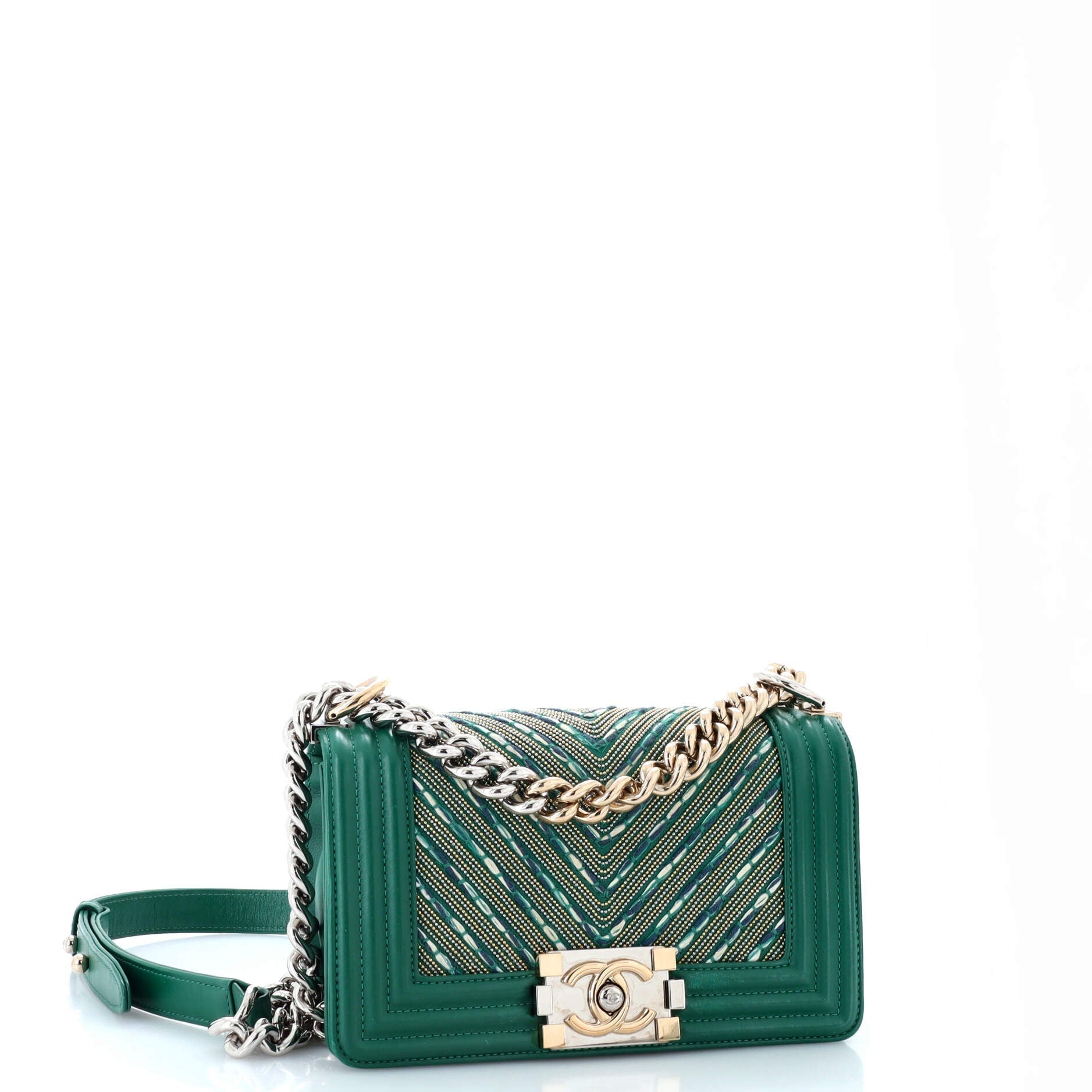 Chanel Boy Flap Bag Studded Chevron Calfskin with Tweed Small