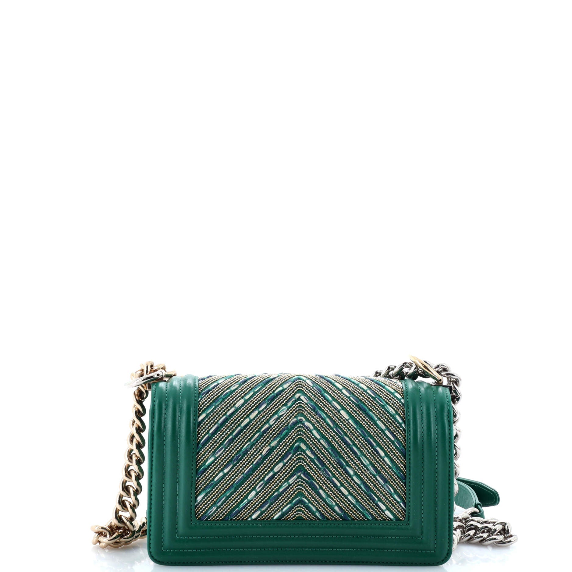 Chanel Boy Flap Bag Studded Chevron Calfskin with Tweed Small