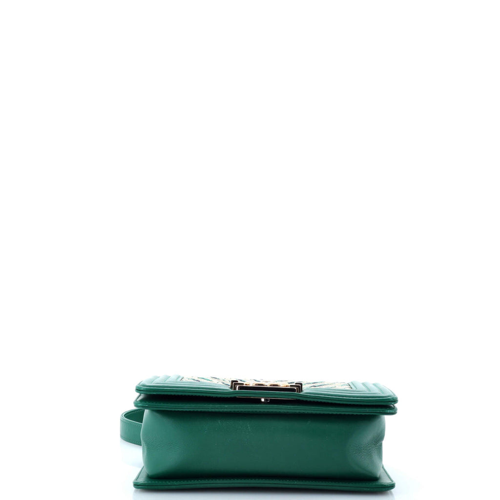 Chanel Boy Flap Bag Studded Chevron Calfskin with Tweed Small