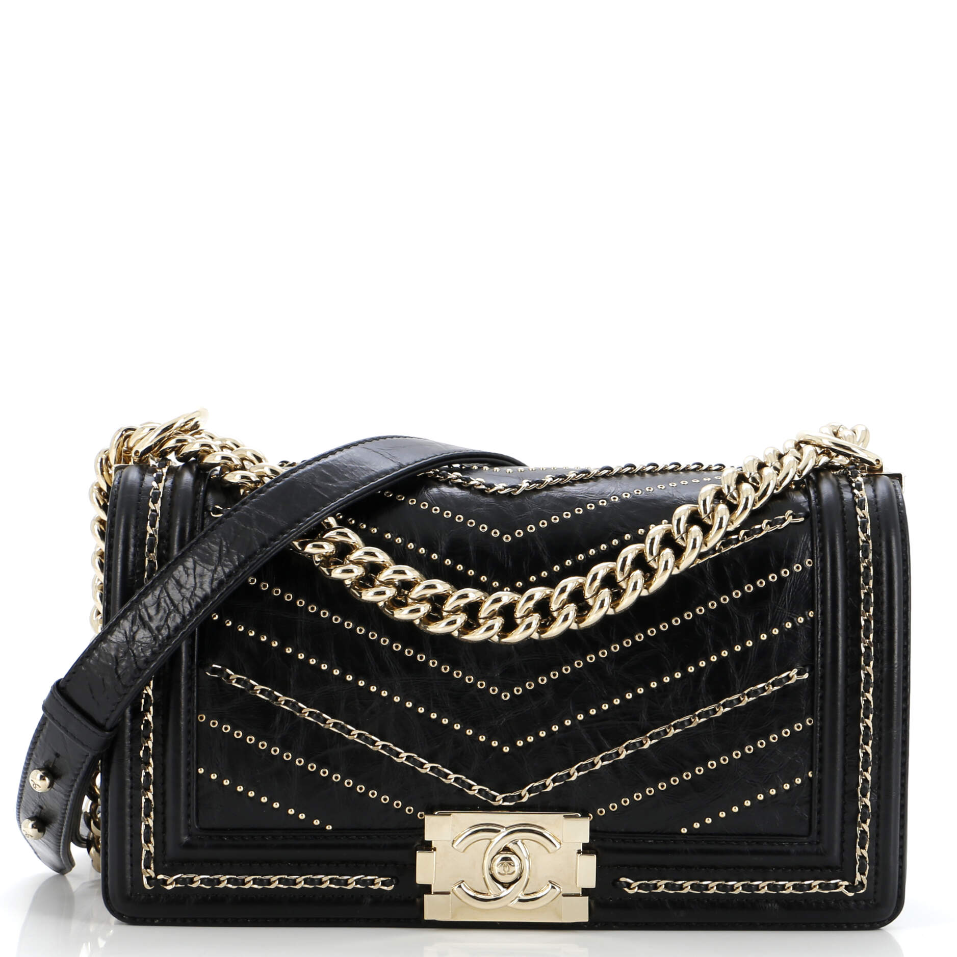 Chanel Boy Flap Bag Chevron Embellished Crumpled Calfskin Old Medium
