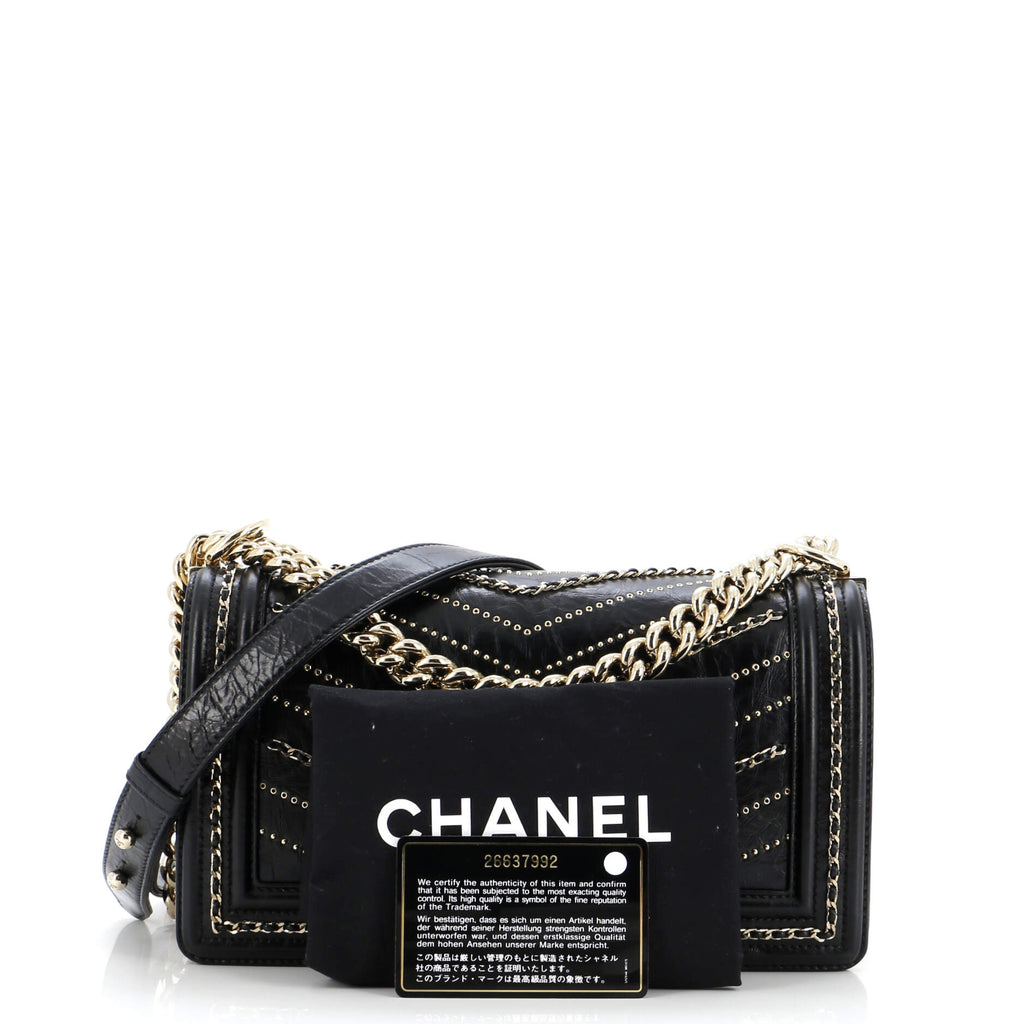 Chanel Boy Flap Bag Chevron Embellished Crumpled Calfskin Old Medium