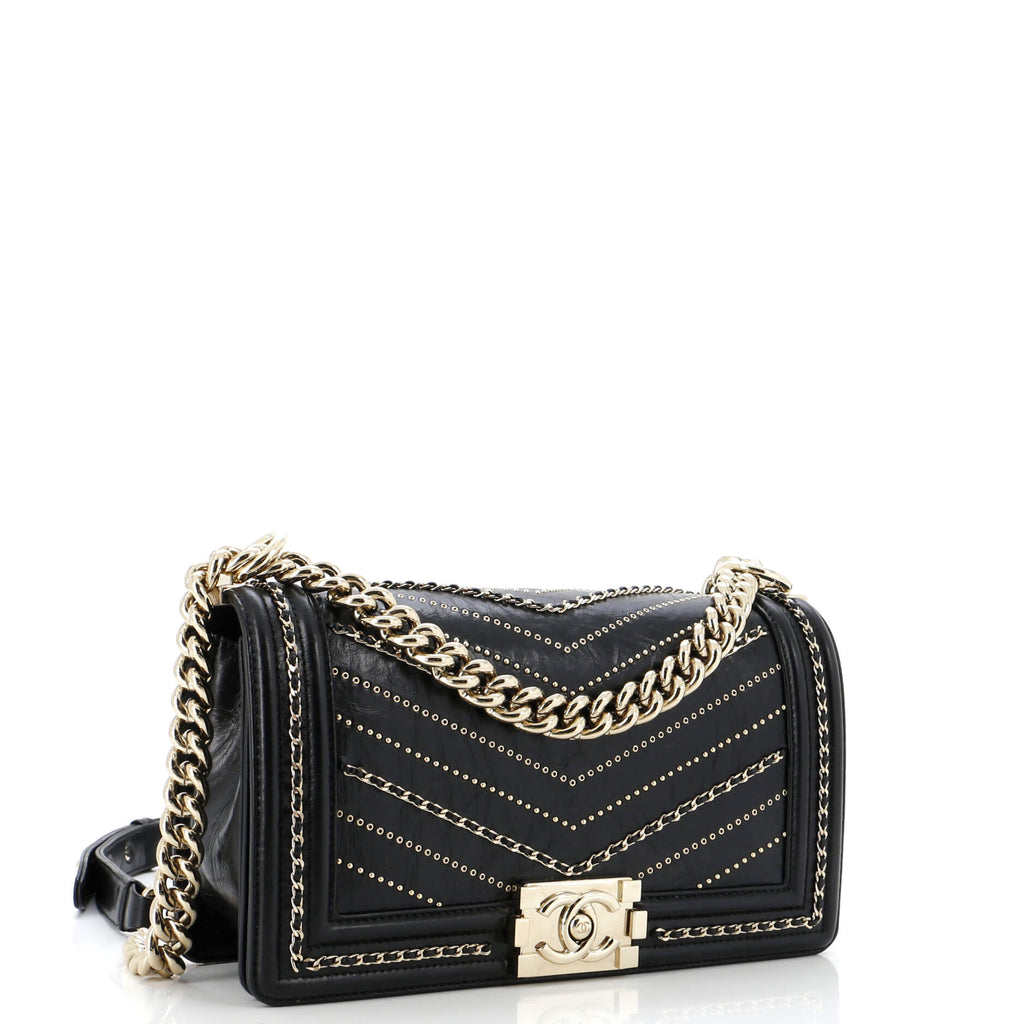 Chanel Boy Flap Bag Chevron Embellished Crumpled Calfskin Old Medium