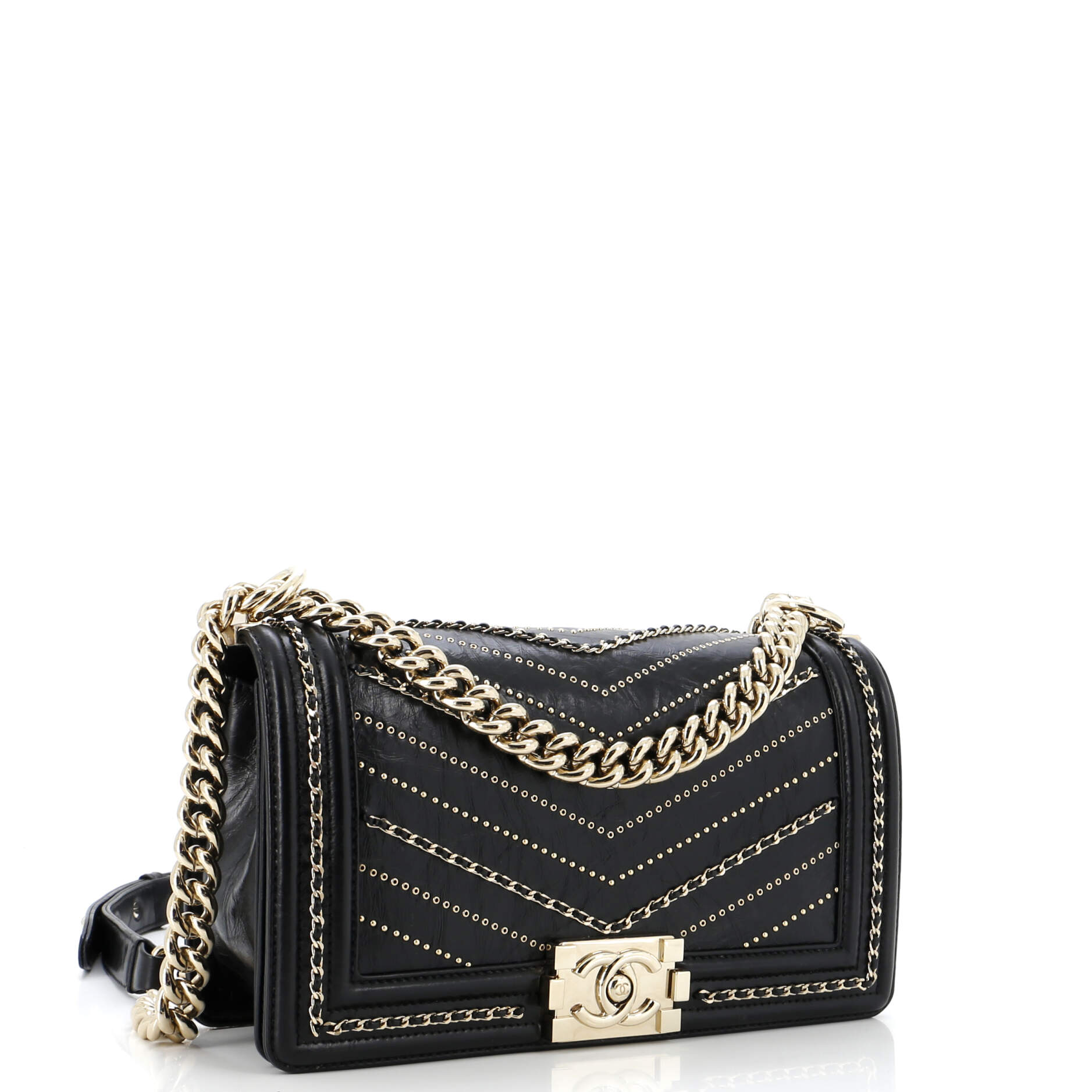 Chanel Boy Flap Bag Chevron Embellished Crumpled Calfskin Old Medium
