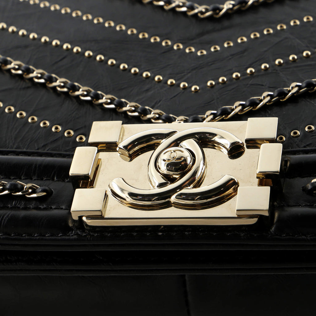 Chanel Boy Flap Bag Chevron Embellished Crumpled Calfskin Old Medium