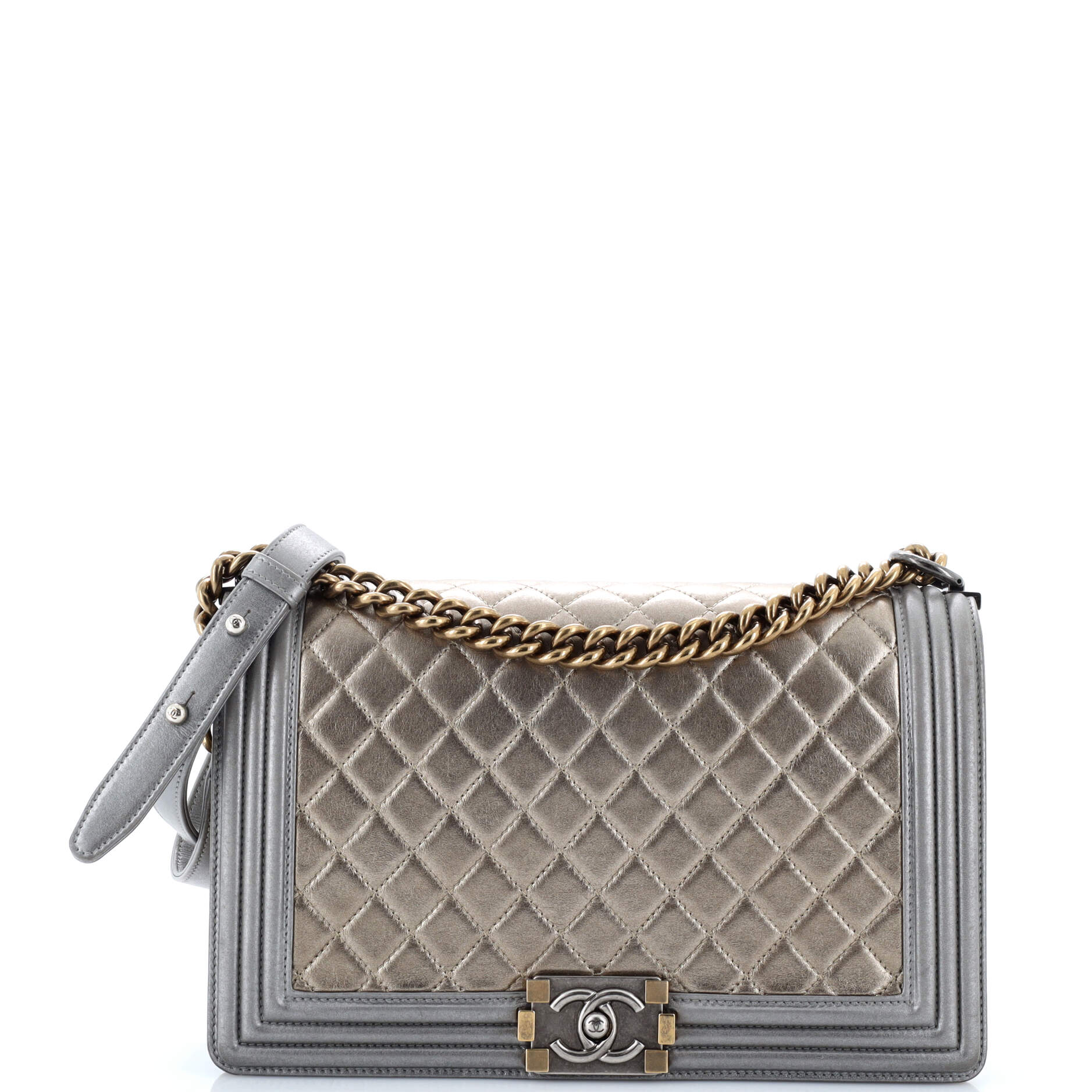 Chanel Bicolor Boy Flap Bag Quilted Metallic Calfskin New Medium