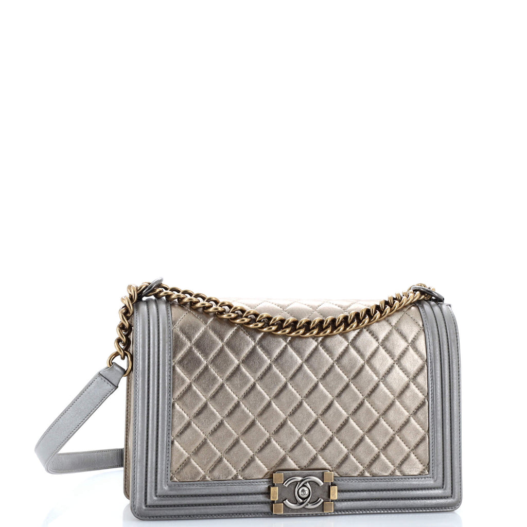 Chanel Bicolor Boy Flap Bag Quilted Metallic Calfskin New Medium