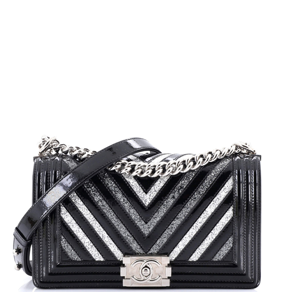 Chanel Boy Flap Bag Chevron  with Glitter PVC Old Medium