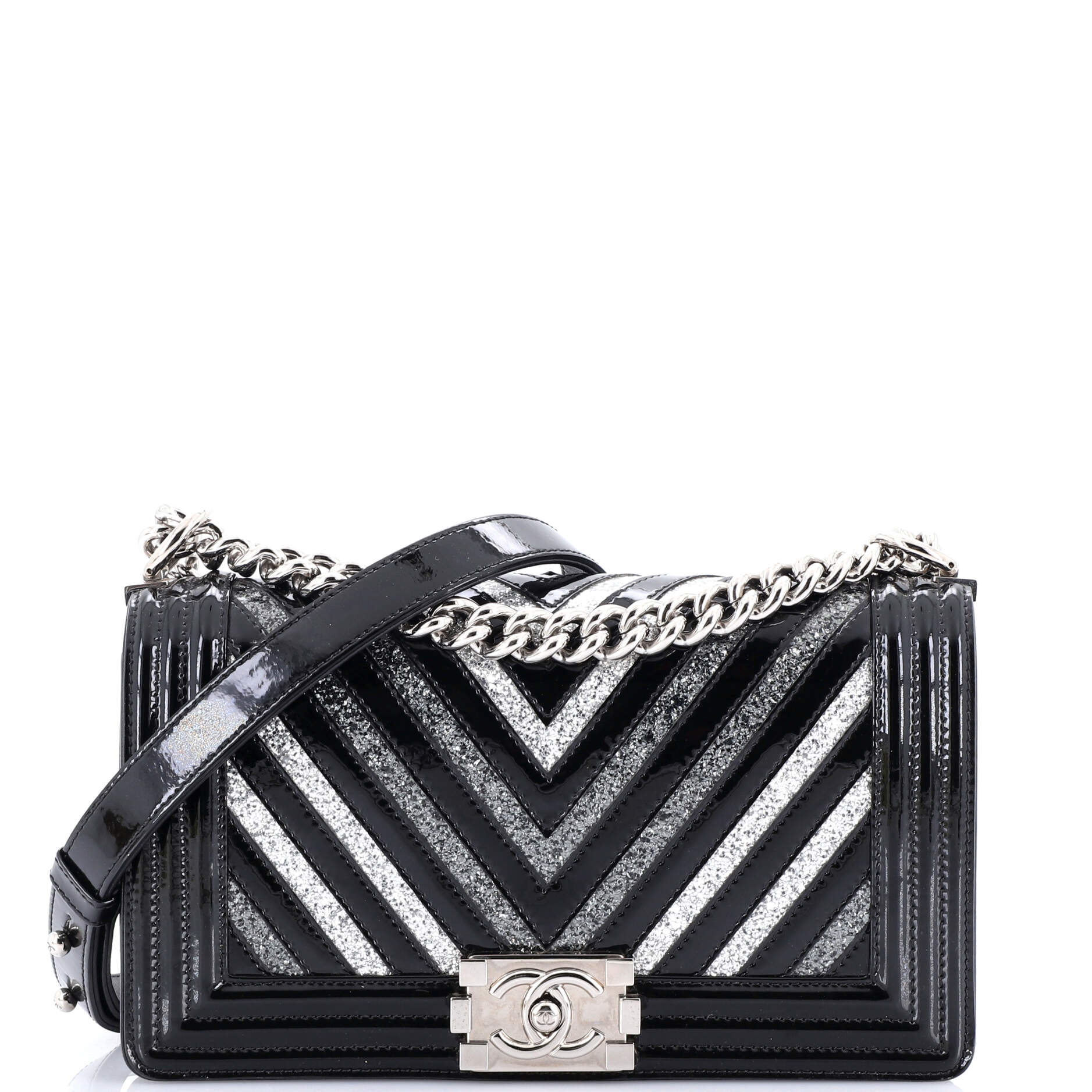 Chanel Boy Flap Bag Chevron  with Glitter PVC Old Medium