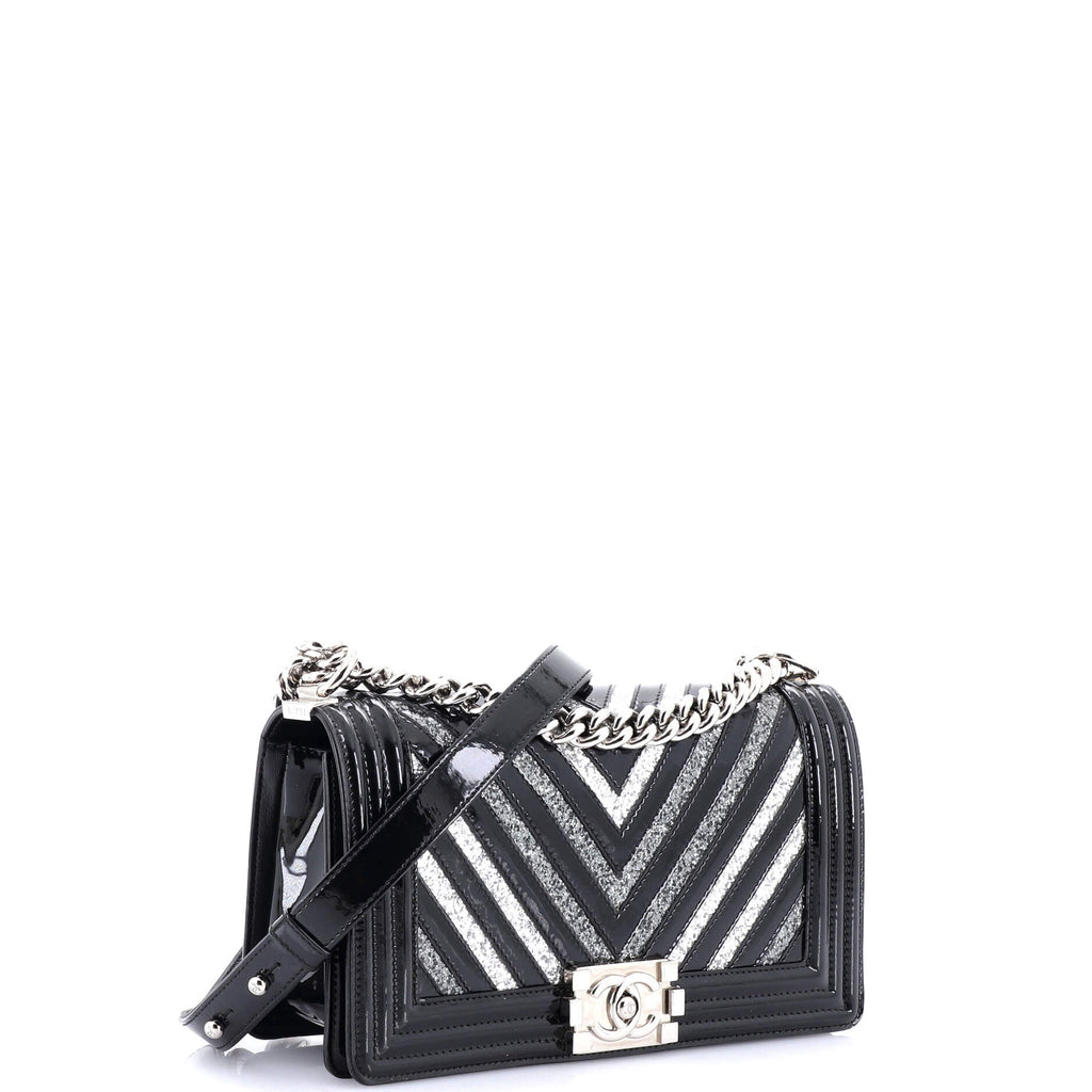 Chanel Boy Flap Bag Chevron  with Glitter PVC Old Medium