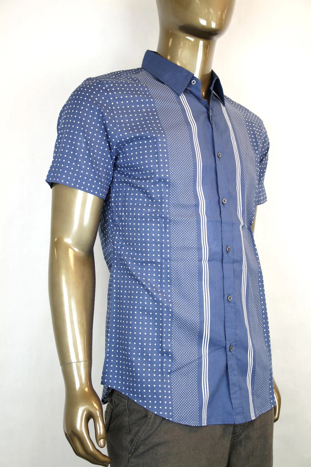 Gucci Men's Skinny Stripes Dots Blue Cotton Short Sleeve Shirt