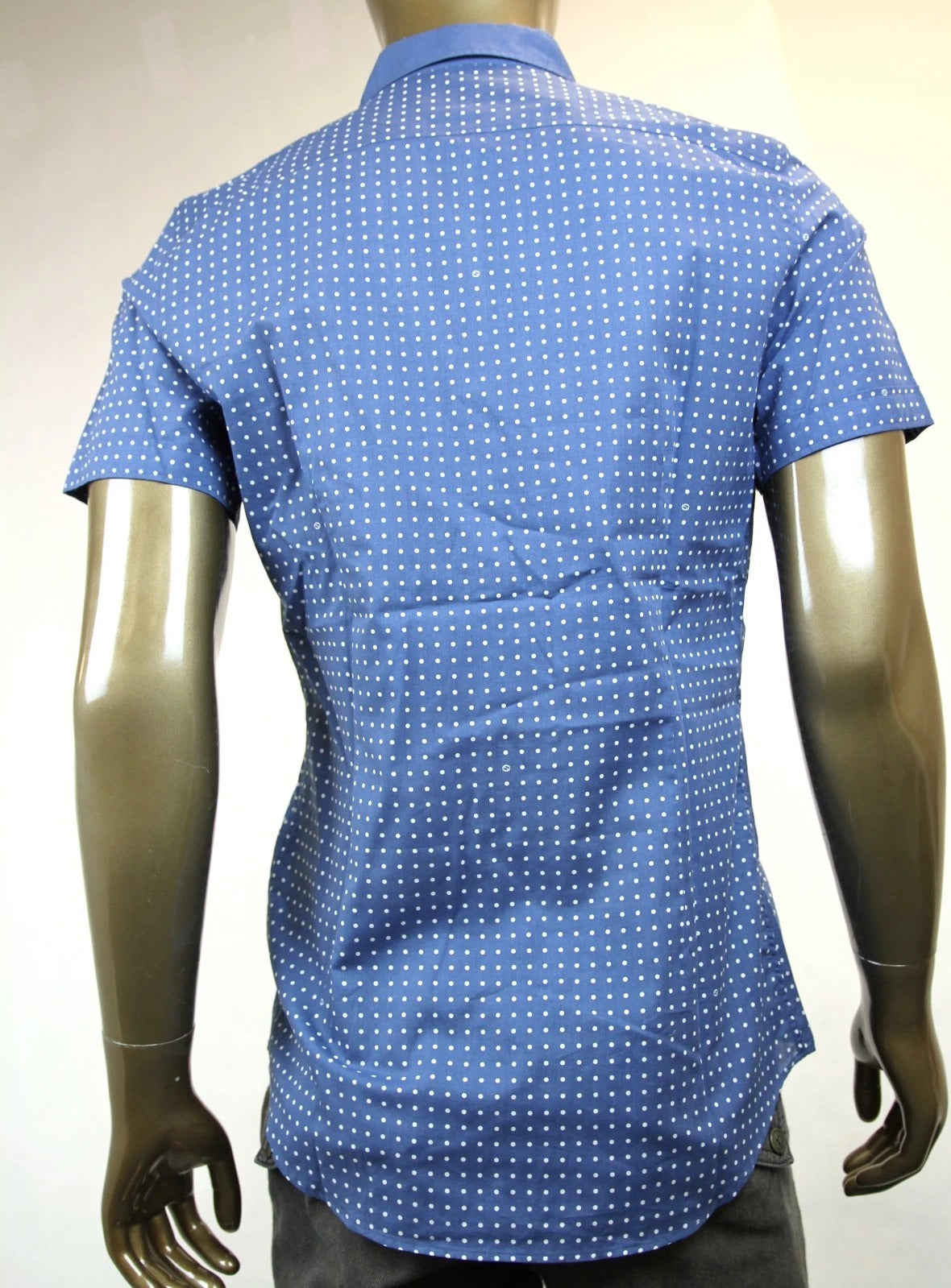 Gucci Men's Skinny Stripes Dots Blue Cotton Short Sleeve Shirt