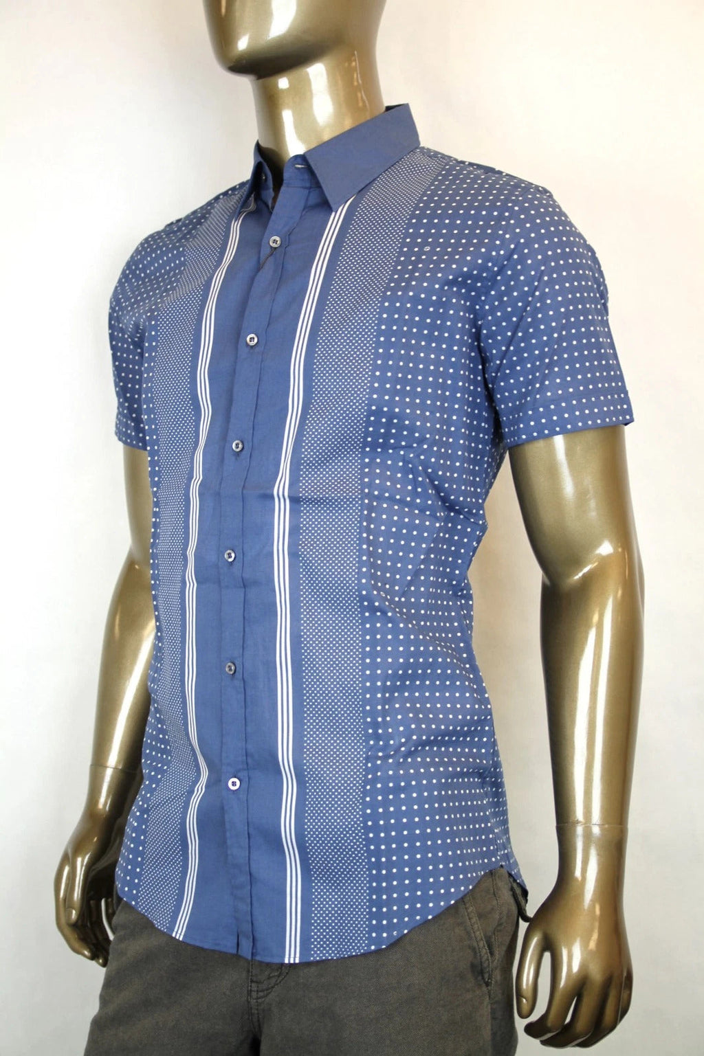 Gucci Men's Skinny Stripes Dots Blue Cotton Short Sleeve Shirt
