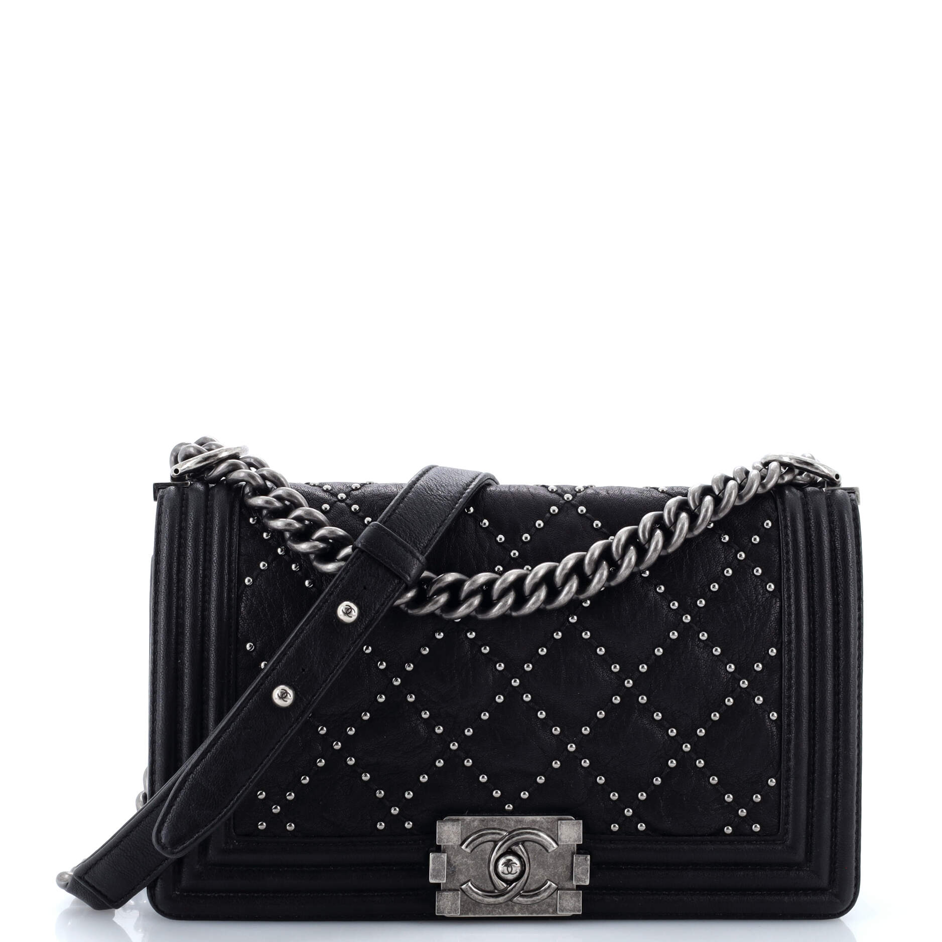 Chanel Boy Flap Bag Studded Quilted Distressed Calfskin Old Medium