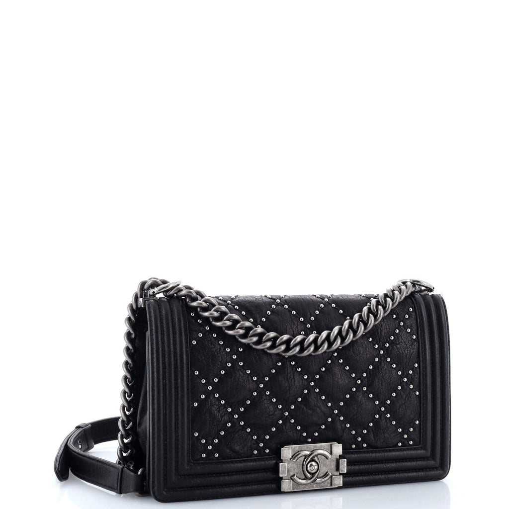 Chanel Boy Flap Bag Studded Quilted Distressed Calfskin Old Medium