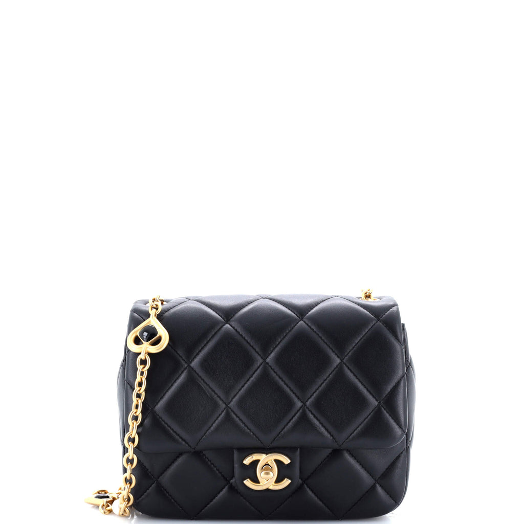 Chanel CC Pearl Resin Heart Charms Chain Square Flap Bag Quilted Lambskin Mini