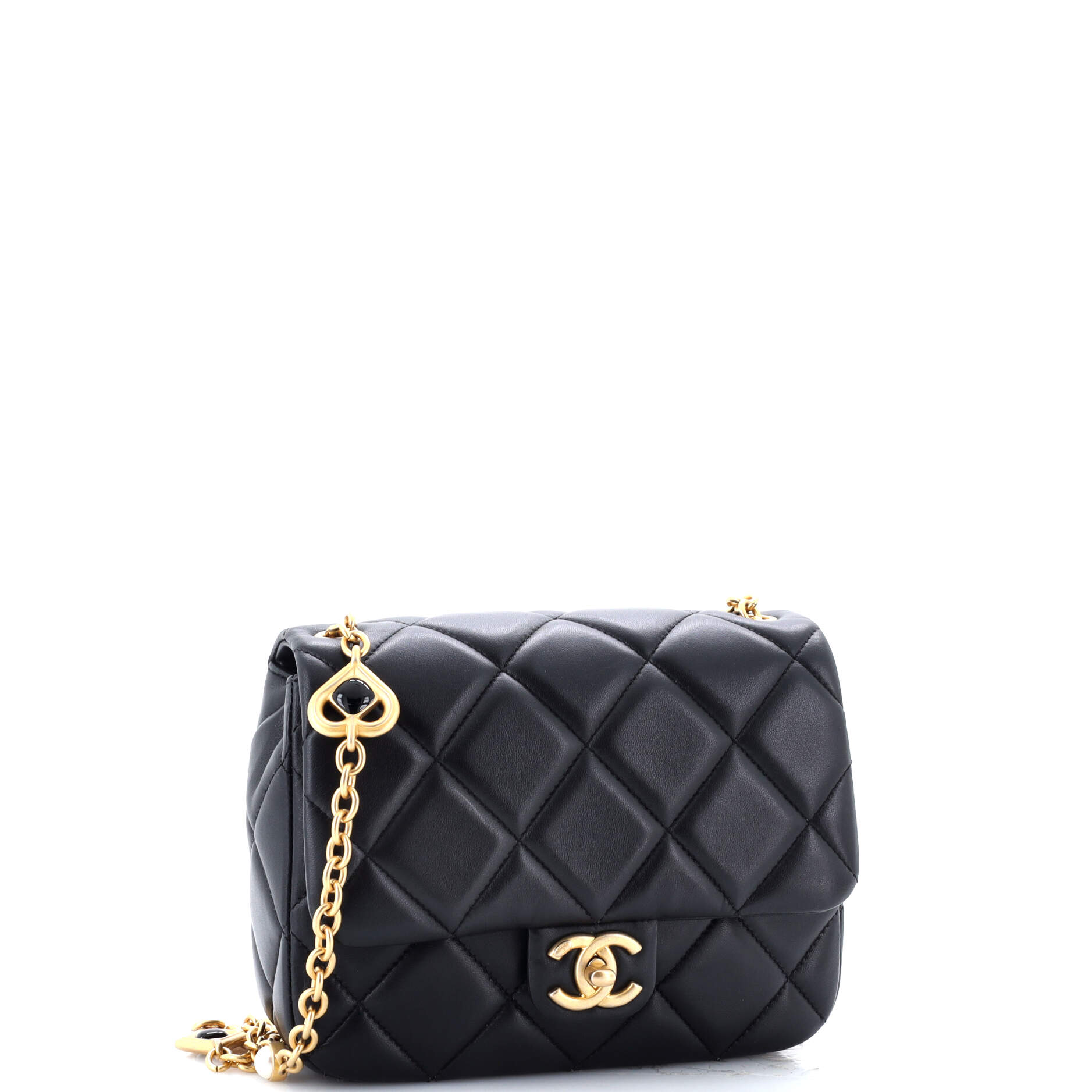 Chanel CC Pearl Resin Heart Charms Chain Square Flap Bag Quilted Lambskin Mini